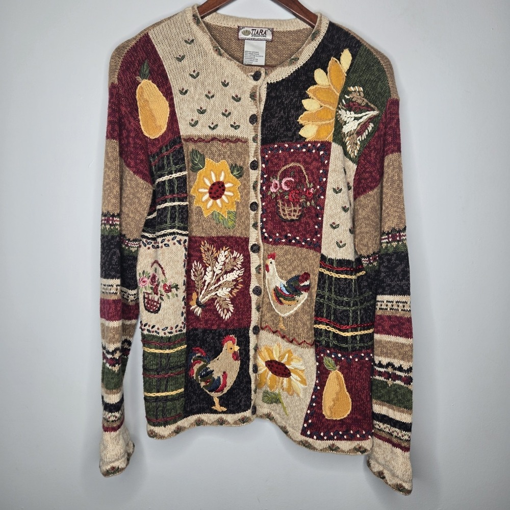 VTG Tiara Harvest Cardigan Sz M Chickens Y2K Cottage Granny Core Chunky Knit